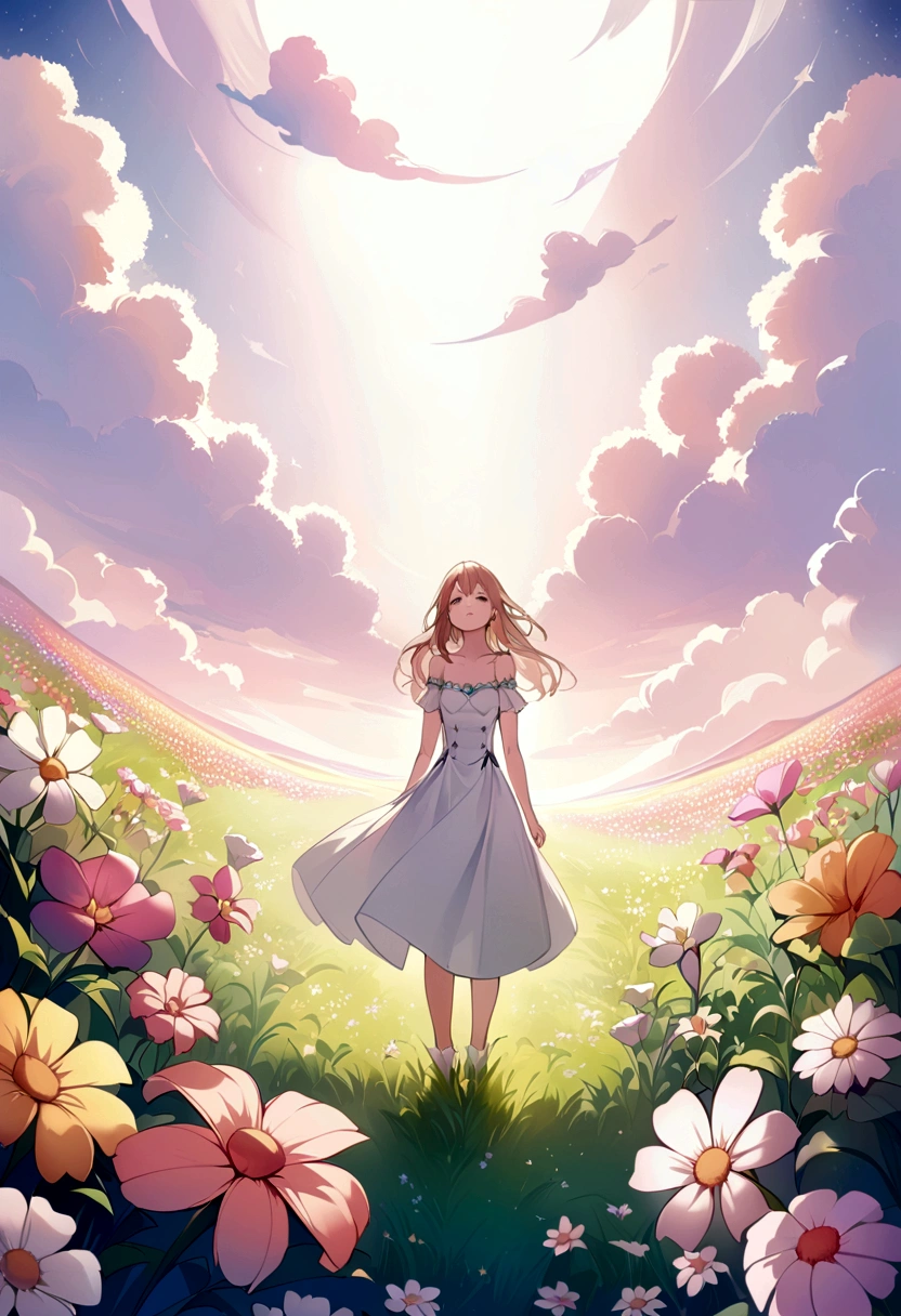 There is a girl standing in a field of flowers looking up at the sky, a girl standing in a field of flowers, a girl walking in a field of flowers, lost in a dream wonderland, standing in a field of flowers, fantastic digital painting, the sky is clearing little by little, the starry sky gradually recedes  