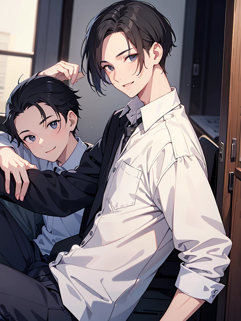 Forehead, Very short hair, A kind smile, One Man, Portrait from chest up, Very short black hair, Old man in clothes, Please open your eyes a little, Male hand,Man&#39;s face,Male eyebrows, Male Eyes, Sharp Nose ,Long Nose, Slicked back hairstyle, Black butler uniform, Iris, walking , A kind smile, Reminiscent of a novel cover, Dramatic lighting, Emphasize the contrast between light and shadow, (Official Art, Highest quality、unity 8k wallpaper、32k、masterpiece、Very detailed, grab your hair with your hands, Cinema Lighting, Isekai Tensei, anime,Beautiful light shining through the window, sense of cleanliness,