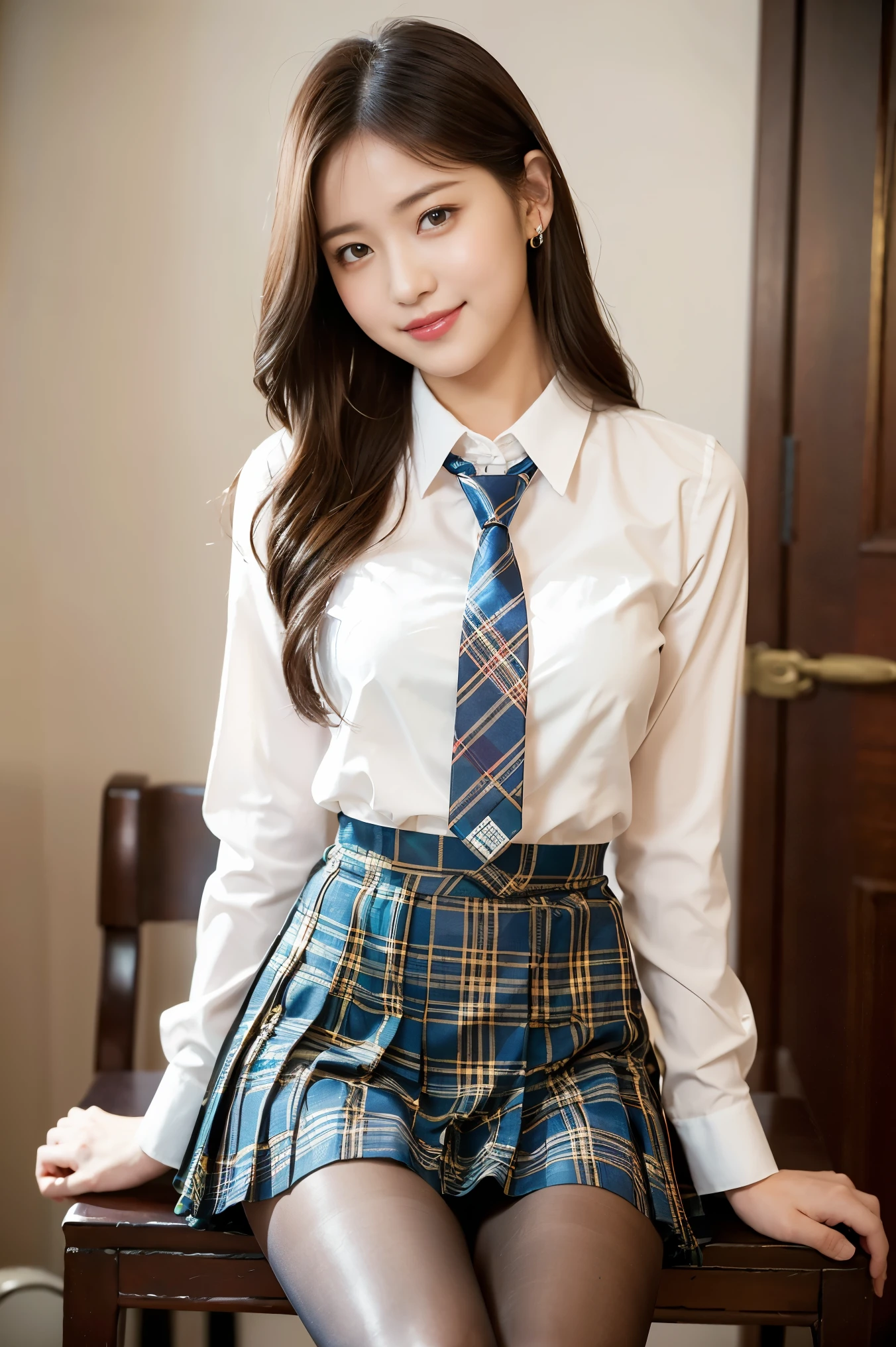(8k), (highest quality: 1.2), (Realistic), (Realistic: 1.37), Ultra-high resolution, (1 girl), cute, blush,Embarrassed smile, Beautiful details, Beautiful Nose, straight Hair, Giant Dulcefo, pork, Thighs，Self Snap,University Uniforms,(A simple ノースリーブシャツ:1.4),(Pleated skirt:1.2),(The skirt and tie are tartan check pattern.:1.3),(Sitting:1), Sit on the chair,(Hold my feet:1),(Shiny light beige pantyhose:1.2),from the front,knees