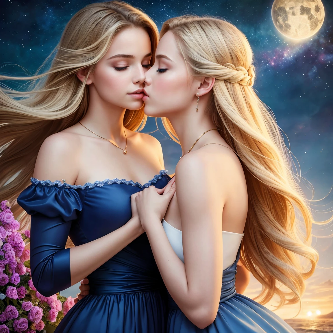 (masterpiece, best quality:1.5), Beautiful realistic photo, full body photographed, foto realista, (Correct anatomy of the hands), Girl 20 years old, with blonde hair, Dressed in a blue dress, hair light, beautiful face, With clean skin, detailing, Correct anatomy of the hands; beautiful face, Clean skin, In the background is a cosmic sky with stars, romance novel cover, Genre Photography Beautiful Realistic Photography, hair light, beautiful face, Clean skin, romance novel cover, romance book cover, Romantic Fantasy, Book Cover Style, novel, Cover of the novel, Gender portrait, (perfect anatomy:1.2), (two woman is deeply in love with each other:1.3), (kiss:1.2)