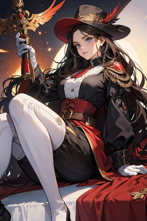 La Coccinelle had long dark hair and blue eyes. She wore a brown cavalier hat with red feathers, and over her upper face, she wore a red mask. Her outfit included a red tabard that ended partially down her legs with black dots and black wavy edges on the bottom edge. Underneath the tabard, she had a white long-sleeved shirt with a folded collar. She wore a black cloth corset over the tabard that had a black backside, and around her waist, she wore a belt with a black scabbard. The scabbard held La Coccinelle's silver rapier when she wasn't using it. She also wore black leggings, white gloves, and tan boots with white edges that started above her knees. SPARKLE; GLITTER