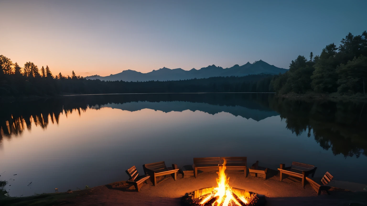 Jet Black、Late Night、Bonfire、forest、lake、masterpiece、Highest quality、Realistic、photograph、8K、