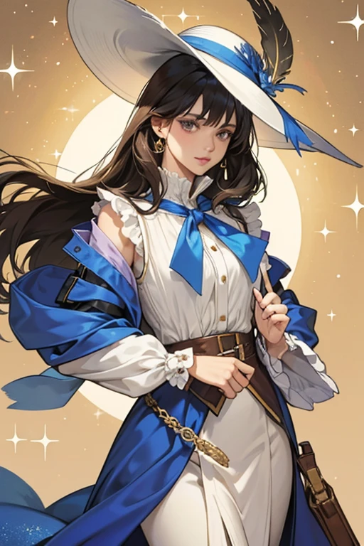 Aramis very thin, she hid her femininity under loose clothing to conceal her feminine nature. When on duty in his company, he wore a royal blue sleeveless jacket (undercoat) over a puffy blouse with a white collar. He also wore a hat with a brown feather topped with a golden feather. SPARKLE; GLITTER
