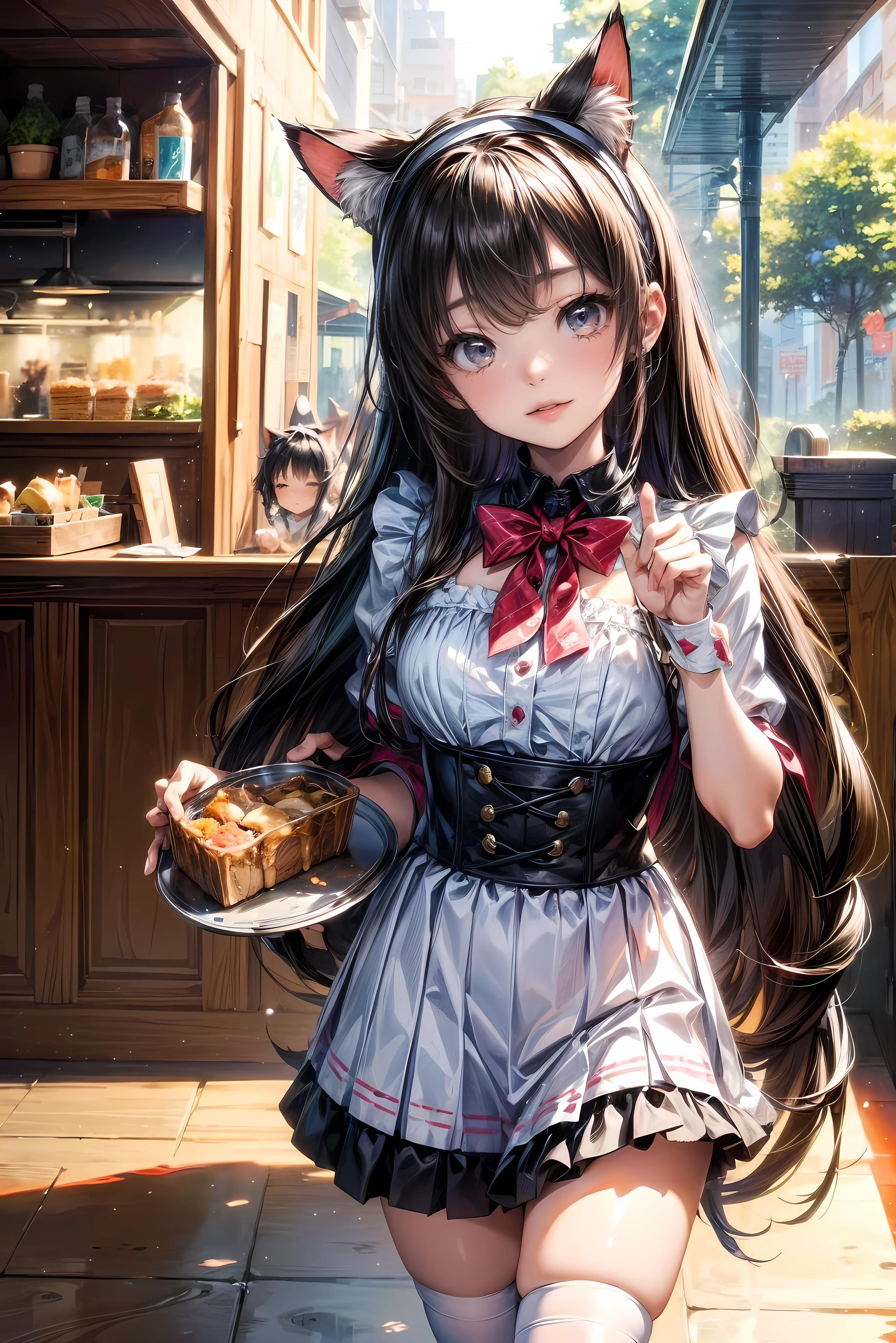 One Girl、(20-year-old woman)、Cat ears headband、Cat tail、Black maid outfit、Holding a tray with two parfaits on it in one hand、With the other hand, lift your skirt to show your underwear、Short skirt、White knee-high socks、Striped pants、Highest quality、8K、Beautiful Face、Mischievous smile、Wink、View Viewer、Bright cafe