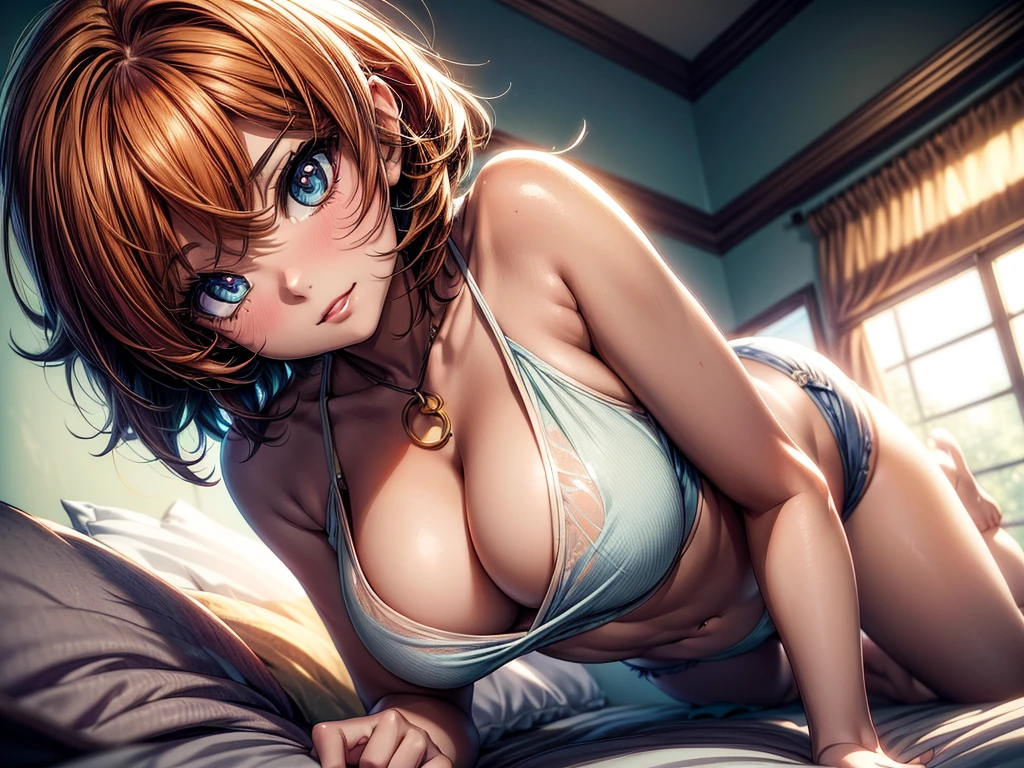 (masterpiece)(8k)(cute)(20-year old woman)(1girl:1.5)(solo:1.8)(from above)(laying on bed:1.5)(hotel:1.3)(wild messy hair:1.3)(short hair:1.3)(orange hair)(flat chest:1.6)(small breasts:1.6)(loose t-shirt:1.6)(lime green pupils)(glossy lips:1.3)(glossy eye-shadow:1.5)(cameltoe:1.5)(seductive pose:1.4)(smile:1.3)(mischievous:1.5) rossdraws pastel vibrant, rossdraws cartoon vibrant, style anime 8k, beautiful portrait, artgerm colorful!!!, ! dream artgerm, beautiful anime girl, styled digital art, art wallpaper 8k, digital art, extremely detailed artgerm,