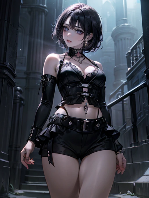 (masterpiece:1.2, highest quality), (realistic, photorealistic:1.4), beautiful illustrations, (natural side lighting, movie lighting),
looking at the viewer, Upper body, (Front view), 1 girl, perfect face, Cute symmetrical face, shiny skin, baby face, long eyelash, (large breasts), (wide hips:1.5),short cut hair,
beautiful hair, beautiful face, detailed and beautiful eyes, beautiful body, beautiful breasts, beautiful thighs, beautiful feet, beautiful fingers,
(beautiful scenery),(cute smile:1.3, upper eye), 18yo,pale skin,a woman in black corset and goth hair, with piercings, 1girl, solo, black hair, short hair, ring,(pierce:1.5),(punk style:1.5),(gothic dress),(black lips:1.7),side layered skirt,black bra,(gulp down blood from one's mouth:1.2)