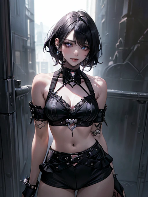 (masterpiece:1.2, highest quality), (realistic, photorealistic:1.4), beautiful illustrations, (natural side lighting, movie lighting),
looking at the viewer, Upper body, (Front view), 1 girl, perfect face, Cute symmetrical face, shiny skin, baby face, long eyelash, (large breasts), (wide hips:1.5),short cut hair,
beautiful hair, beautiful face, detailed and beautiful eyes, beautiful body, beautiful breasts, beautiful thighs, beautiful feet, beautiful fingers,
(beautiful scenery),(cute smile:1.3, upper eye), 18yo,pale skin,a woman in black corset and goth hair, with piercings, 1girl, solo, black hair, short hair, ring,(pierce:1.5),(punk style:1.5),(gothic dress),(black lips:1.7),side layered skirt,black bra,(gulp down blood from one's mouth:1.2)