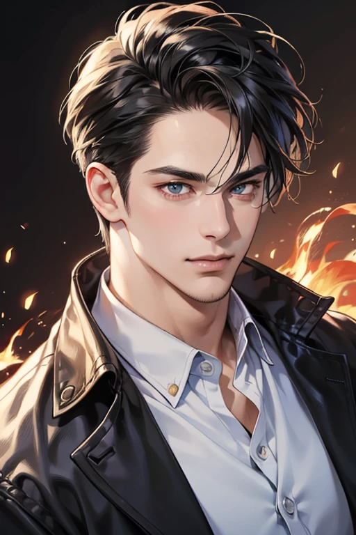 (best quality,4k,8k,highres,masterpiece:1.2),ultra-detailed,(realistic,photorealistic,photo-realistic:1.37),30 year old man,3 day beard,handsome anime,portraits,strong,masculine,dark hair,sharp jawline,mesmerizing eyes,perfectly styled hair,cool anime outfit,confident expression,vibrant colors,dynamic lighting, CEO and expression smile in love.