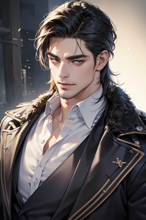 (best quality,4k,8k,highres,masterpiece:1.2),ultra-detailed,(realistic,photorealistic,photo-realistic:1.37),30 year old man,3 day beard,handsome anime,portraits,strong,masculine,dark hair,sharp jawline,mesmerizing eyes,perfectly styled hair,cool anime outfit,confident expression,vibrant colors,dynamic lighting, CEO and expression smile in love.