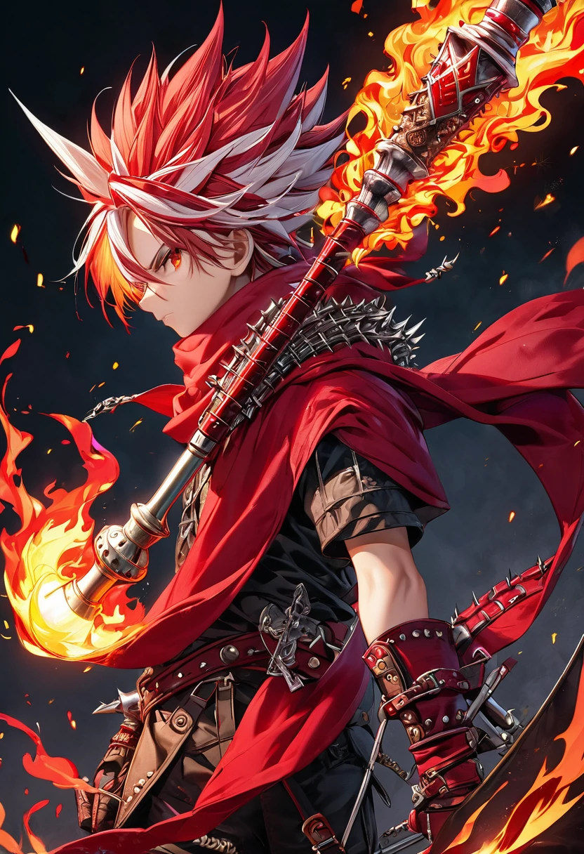 an extremely detailed red scarf made of fire with a spiked metal club