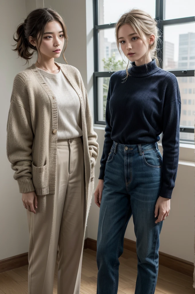 Describe an image based on clothes, posture and setting of ellen joe and srm outfit
