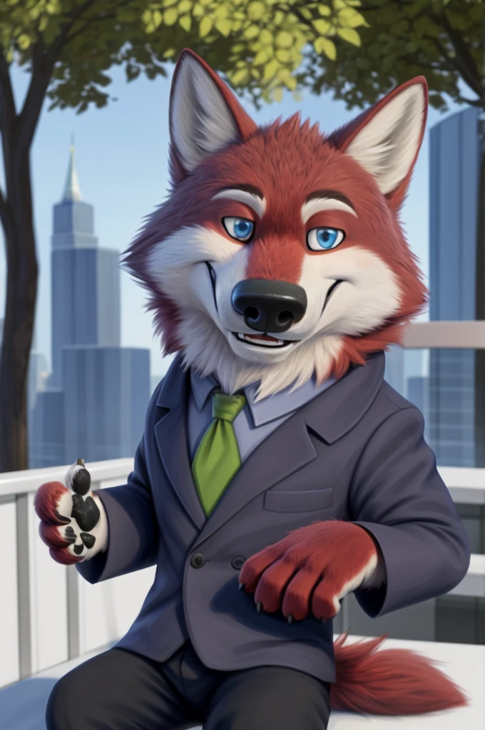 Ivan Wolfbach (сотрудник Аэропорта Domodedovo),high,Beautiful,slim,24 years,wolf, red fur,high Beautiful wolf, 24 years,(red body:1,3),beautiful blue eyes,Domodedovo, Russia, Аэропорт Domodedovo,gray shirt, green tie, trousers,Dog, wolf, detailed fur, a male, antro, paw pads, finger claws, per viewer, 5 fingers, paws, 5 fingers, day, digital photography, soft focus, Good mood на приеме,sitting in the dentist's office, Photorealism, realistic , Photorealism, digital style, from close walks around the city, Very close to the camera, digital photography, positive smile, Good, mood, green tie, dental treatment in hospital, they don't see well, pilot patch, 4 yellow stripes on sleeves,
masterpiece, Best quality, ultra realistic, 8 k)