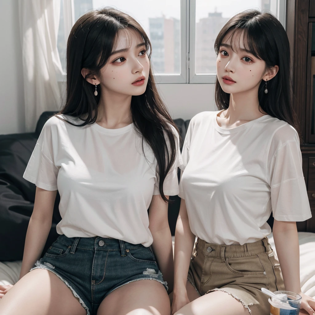 absurdres, RAW photo, extremely delicate and beautiful, masterpiece, Best Quality, ultra high resolution, 32k, hyperrealistic, ultra-detailed, delicate facial features, beautiful detailed woman, tearful mole, earring, medium breasts, full body shot, medium hair, black hair, cap, T-shirt, baggy shorts, 2 girls,