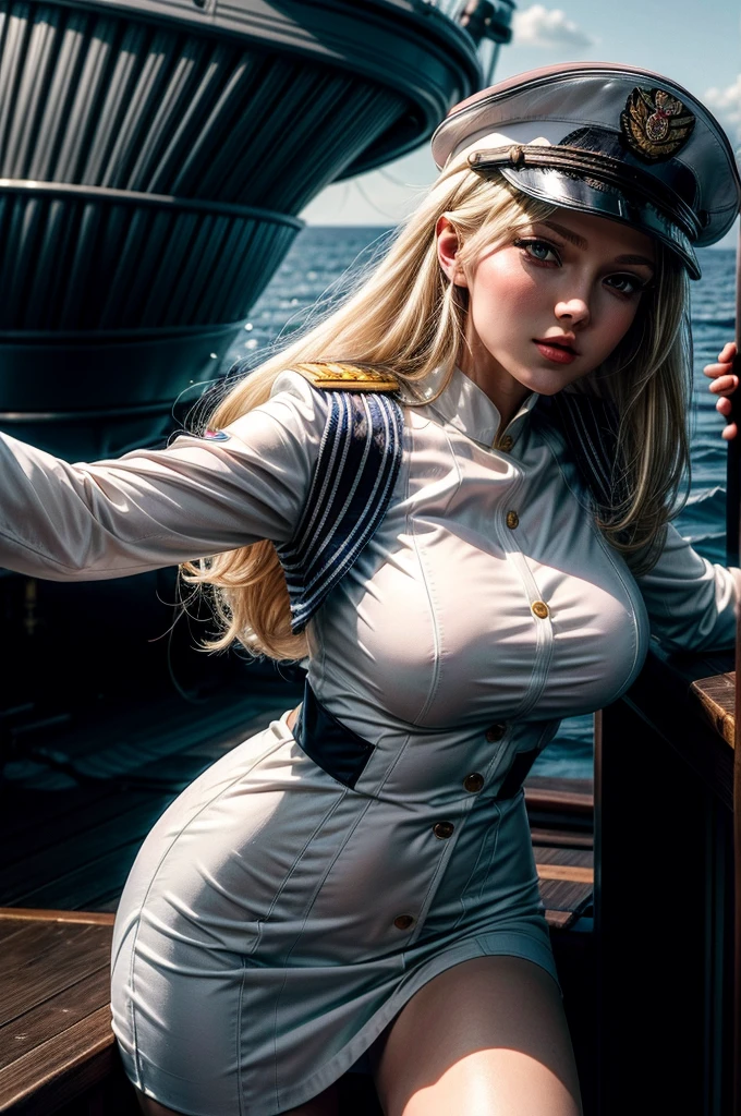 A russian blonde woman wearing a white naval officer's uniform and a matching cap. White outfit. She is leaning forward with an outstretched arm. She is leaning forward with an outstretched arm, in a ship's deck. Ocean background. Round breast. Blush, Black eyeliner