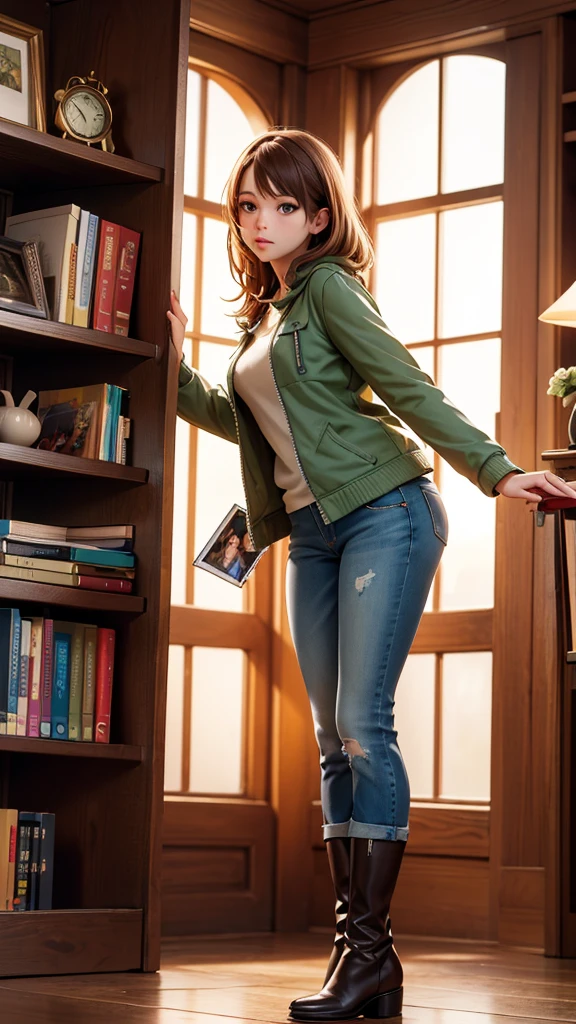 Inside the quaint bookstore, the warm light from the chandeliers illuminates rows of books. Sarah, in her green jacket over a white shirt and blue jeans, sees Mark, the kind-hearted man from the ID, arranging books on a shelf. He's wearing a brown leather jacket and black boots. (best quality, 4k, 8k, highres, masterpiece:1.2), ultra-detailed, (realistic, photorealistic, photo-realistic:1.37), indoor, soft lighting, lively atmosphere).