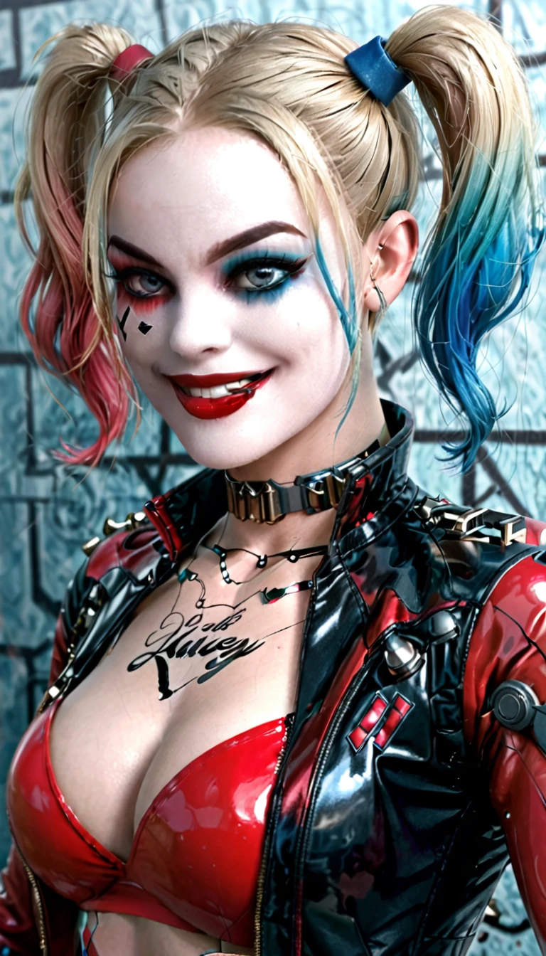 (work of art, high qualiy, wall-paper) Harley Quinn smiling showing her teeth, with blonde hair, neckline with very large bust, pink and light blue hair patch, blue colored eyes, strong makeup, red shadow and blue shadow, red lipgloss stick, leather jacket, Cyborg Body, metal body, smooth and shiny metal, heavy iron boots, mechanical joints,  fully body, 