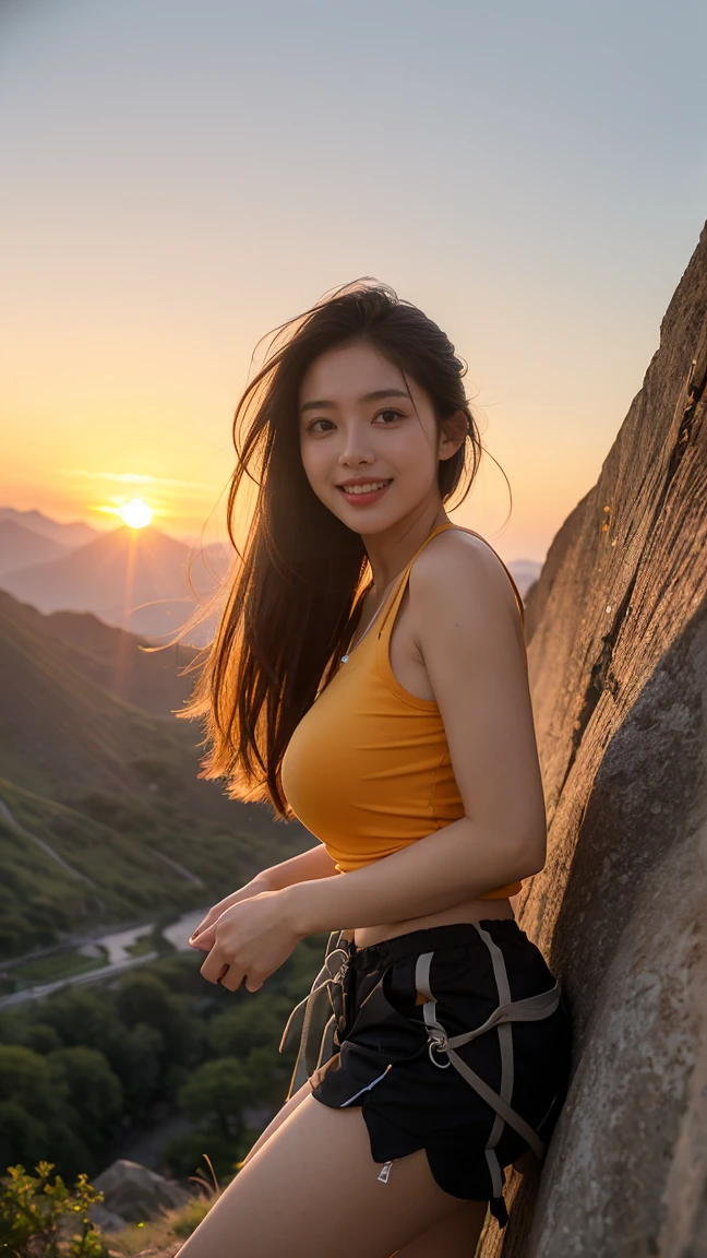 Browsing Caution, Ray Tracing, Radio City, Anisotropic Filtering, 16,000, Highest quality, 1 Girl, alone, mature, Beautiful climber, Shorts Hiking Wear, Gradient Long Hair, Mountaineering equipment、smile、Orange sunset、Large Breasts、valley