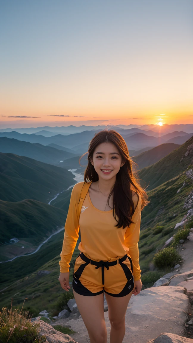 Browsing Caution, Ray Tracing, Radio City, Anisotropic Filtering, 16,000, Highest quality, 1 Girl, alone, mature,  Beautiful climber, Shorts Hiking Wear, Gradient Long Hair, Mountaineering equipment、smile、Orange sunset、Large Breasts、valley