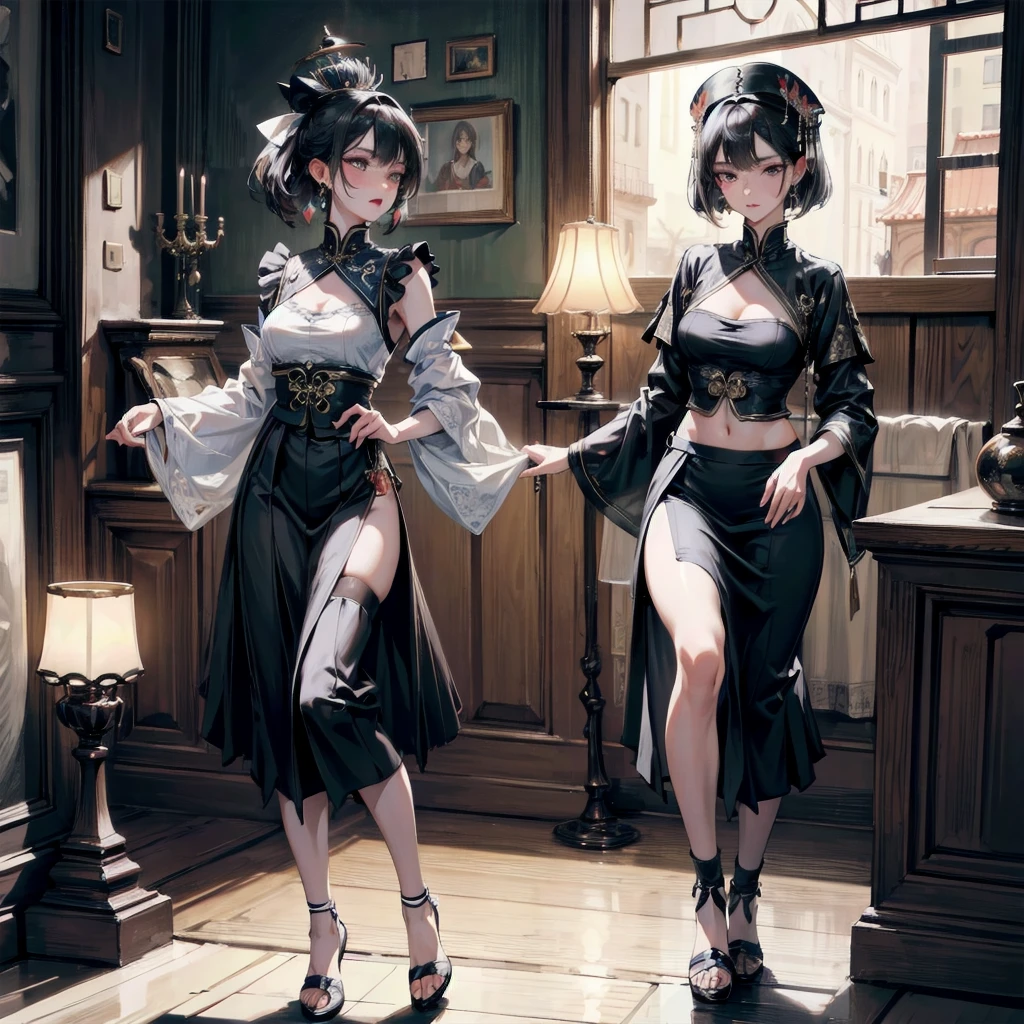 absurdres, RAW photo, extremely delicate and beautiful, masterpiece, Best Quality, ultra high resolution, 32k, hyperrealistic, ultra-detailed, delicate facial features, beautiful detailed woman, tearful mole, earring, medium breasts, (full body shot), medium hair, black hair, jiangshi, long skirt, 2 girls,