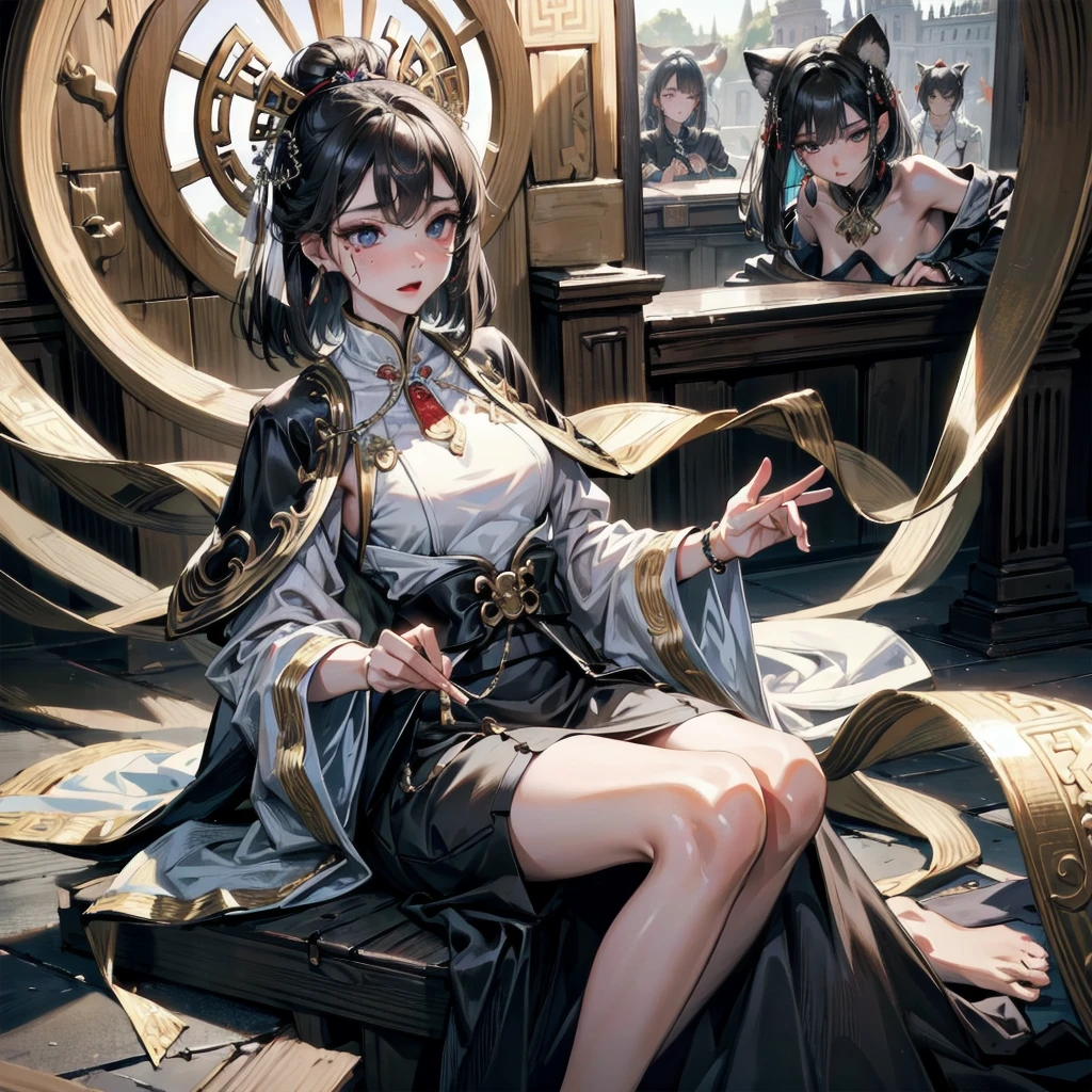absurdres, RAW photo, extremely delicate and beautiful, masterpiece, Best Quality, ultra high resolution, 32k, hyperrealistic, ultra-detailed, delicate facial features, beautiful detailed woman, tearful mole, earring, medium breasts, (full body shot), medium hair, black hair, jiangshi, long skirt, 2 girls,