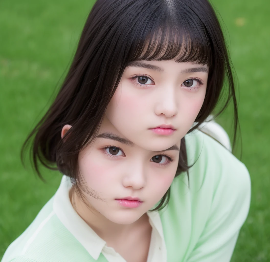 Pale teenage girl with black hair and bangs above her eyebrows, with small pink lips and a potato nose and light green eyes, short silky and soft hair, taking photo looking at the camera 
