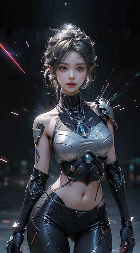 (From the front:1.5), (1机械女孩:1.5),whole body, Solitary, Slim waist, Thick thighs, (machine made joints:1.2),(Mechanical limbs:1.1),(Blood vessels connected to the tubes),(A mechanical vertebrae attached to the back),(Mechanical cervical fixation), Light on armor, Mecha head mirror, (Glowing arm:1.5), (Laser Eyes:1.5), Poker face, Huge breasts, rich and colorful,Human Development Report, Ray Tracing, nvidia RTX, Super Resolution, Unreal 5, Subsurface scattering, PBR Textures, Post-Processing, Anisotropic filtering, Depth of Field, Maximum clarity and sharpness, Rule of Thirds, 16K Raw, (Glowing particles:1.4), Extremely detailed的 CG, Unity 8K wallpaper, 3d, lighting, lens flare, Reflection, Clear focus, Cyberpunk Art, Practical, highly detailed CG illustration, Extremely delicate and beautiful, light, (photoPractical:1.5), (Dark background:1.5),Dynamic Angle, masterpiece, best quality, Extremely detailed, illustration, 详细的light, dramatic_shadow,face shadow,Very detailed,The best show,