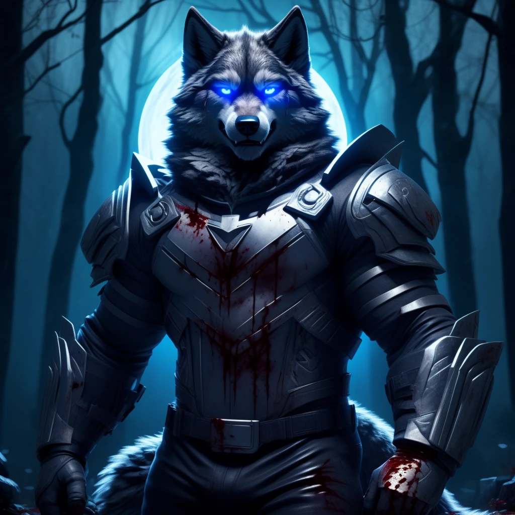 Posing, Male, 30 years old, biting lip smile, broken suit of gothic armour, bedroom eyes, anthro, wolf ears, (blakck fur:1.5), wolf, forest background at night, 8k, hi res, (best quality, masterpiece), blue glowing eyes, (wolf tail:1.5), detailed fur, (blood on fur:1.5),