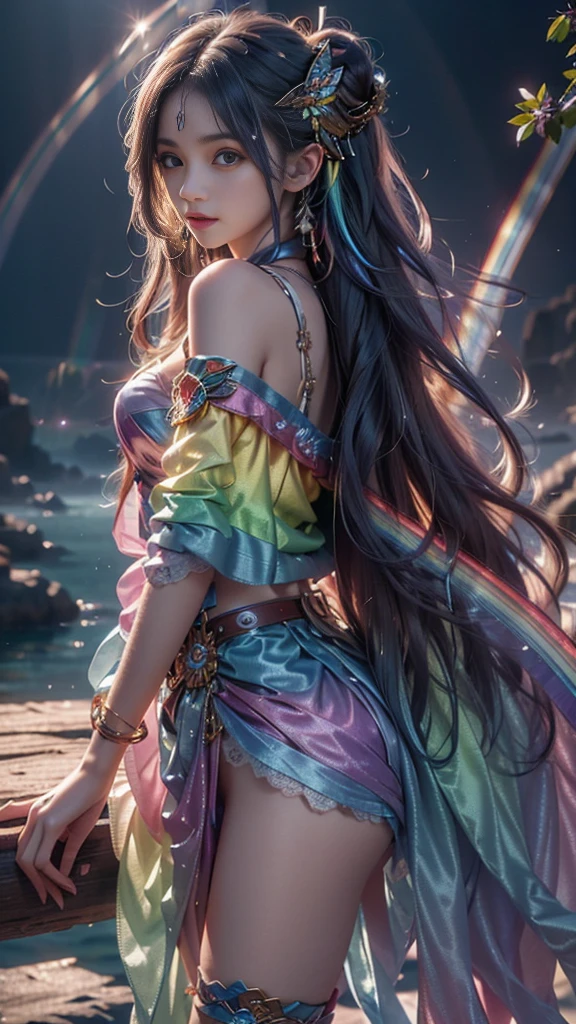 8K, Ultra HD, masterpiece, HD color, 1 girl, Perfect face, Very long curly hair, Delicate eyes, Metal clothing, ((Rainbow Clothing:1.5)), Socks, ((Crisscross lace)), Long Sardines, Shoulder Straps, period, Netsuit, cycle, ((Hip cape)), Bare waist, jewelry, Decorations, Waterside, Realistic scenery, Epic Landscapes, Sun rise, night, cloud, Butterfly, Cherry blossoms, Liufeng, Back posture,