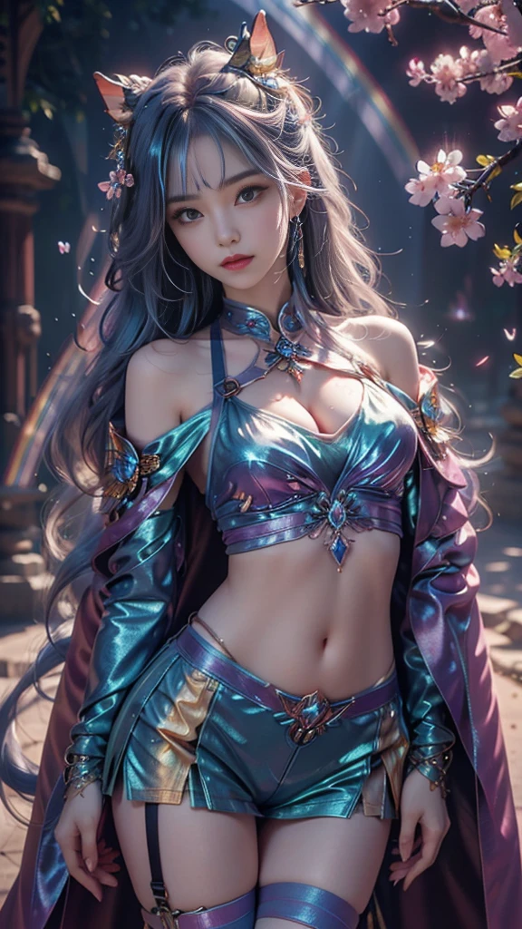8K, ultra hd, masterpiece, hd colors, 1 girl, perfect face, very long curly hair, detailed eyes, Metallic clothing, ((rainbow clothing:1.5)), stocking, ((criss-cross lace)), long sardine, straps, Pendant, net clothing, loops, cape, bare waist, jwellery, ornaments, waterside, Realistic scenery, epic scenery, sun rising, evening, clouds, Butterfly, cherry blossom, flowing wind, front body pose,