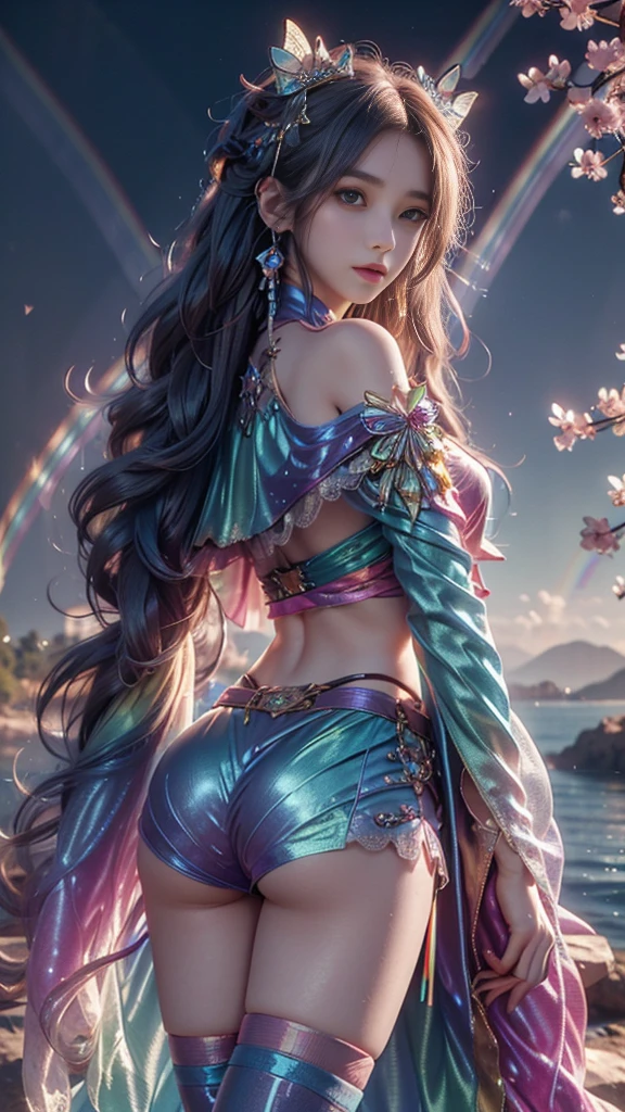 8K, Ultra HD, masterpiece, HD color, 1 girl, Perfect face, Very long curly hair, Delicate eyes, Metal clothing, ((Rainbow Clothing:1.5)), Socks, ((Crisscross lace)), Long Sardines, Shoulder Straps, period, Netsuit, cycle, ((Hip cape)), Bare waist, jewelry, Decorations, Waterside, Realistic scenery, Epic Landscapes, Sun rise, night, cloud, Butterfly, Cherry blossoms, Liufeng, Back posture,