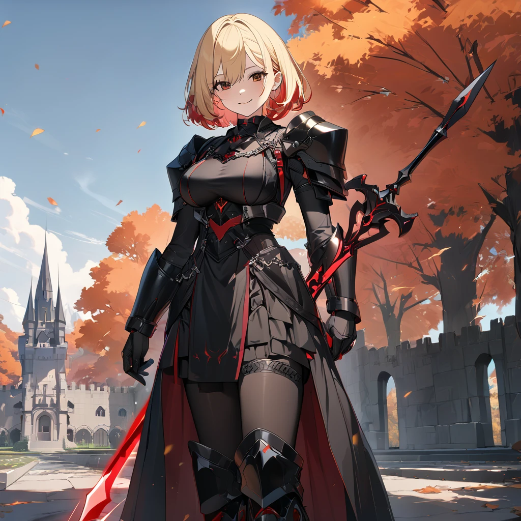 A woman wearing heavy black armor with red details, black metal bracelet, black metal boots, wearing black helm with exposed face, blonde hair, short hair, red bangs, multi-colored hair, large breasts, holding a red sword with red lightning emitting on the sword, smiling, sadistic smile, standing on a concrete platform overlooking a black Gothic style castle, with a wide view of the lawn in the autumn climate, autumn trees.UHD , prime work , accurate , anatomically correct , textured skin , super details , high quality , best quality, 8k, high resolution, bokeh effect. (woman alone), close view.
