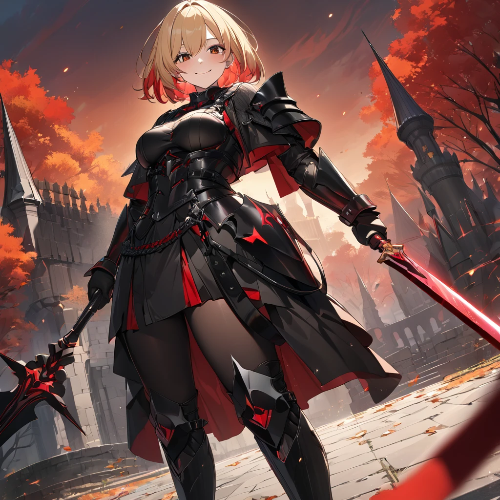 A woman wearing heavy black armor with red details, black metal bracelet, black metal boots, wearing black helm with exposed face, blonde hair, short hair, red bangs, multi-colored hair, large breasts, holding a red sword with red lightning emitting on the sword, smiling, sadistic smile, standing on a concrete platform overlooking a black Gothic style castle, with a wide view of the lawn in the autumn climate, autumn trees.UHD , prime work , accurate , anatomically correct , textured skin , super details , high quality , best quality, 8k, high resolution, bokeh effect. (woman alone), close view.
