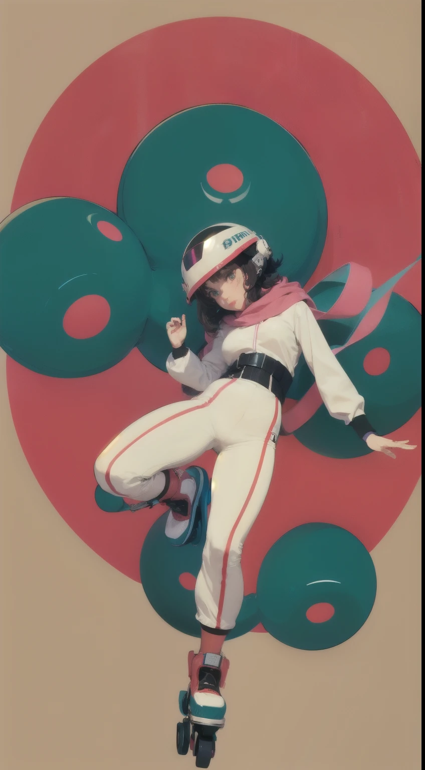 (ultra detailed,ultra high res,detailed background),((2D)),((flat color)),((muted color)),((floating neon)),1girl,solo,looking at viewer, spray paint, graffiti, girl in a white fencing suit, long plush scarf, full body image, adult woman, anatomically perfect face, face in focus, symmetrical face, rollerskates, wearing a 1950's scifi helmet with a visor,