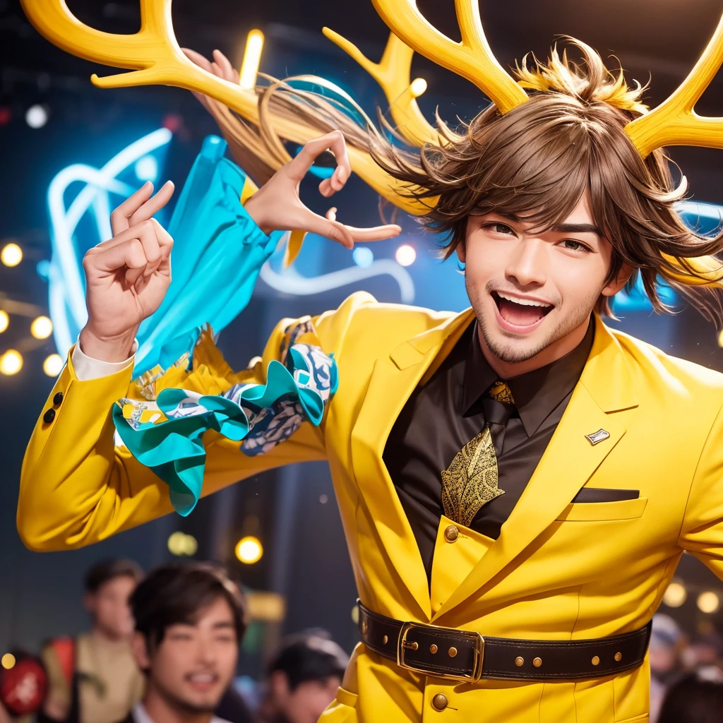 Create an image of a lively and charismatic man representing an MBTI entertainer (ESFP) type. He is wearing a bright yellow outfit that showcases his sociable and energetic nature. He has playful deer antlers growing from his head, adding a whimsical and entertaining touch to his appearance. The background should be a vibrant and festive setting that reflects his love for excitement and being the center of attention.