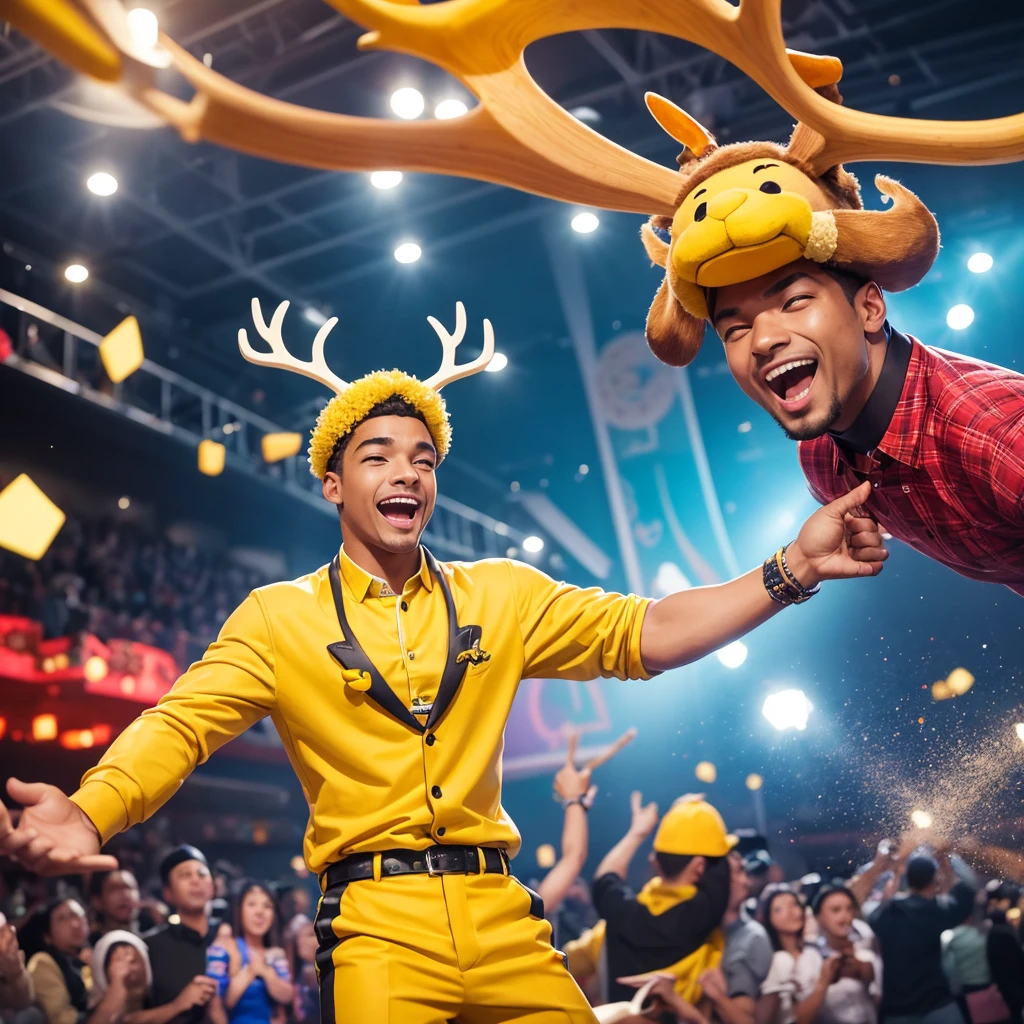 Create an image of a lively and charismatic man representing an MBTI entertainer (ESFP) type. He is wearing a bright yellow outfit that showcases his sociable and energetic nature. He has playful deer antlers growing from his head, adding a whimsical and entertaining touch to his appearance. The background should be a vibrant and festive setting that reflects his love for excitement and being the center of attention.