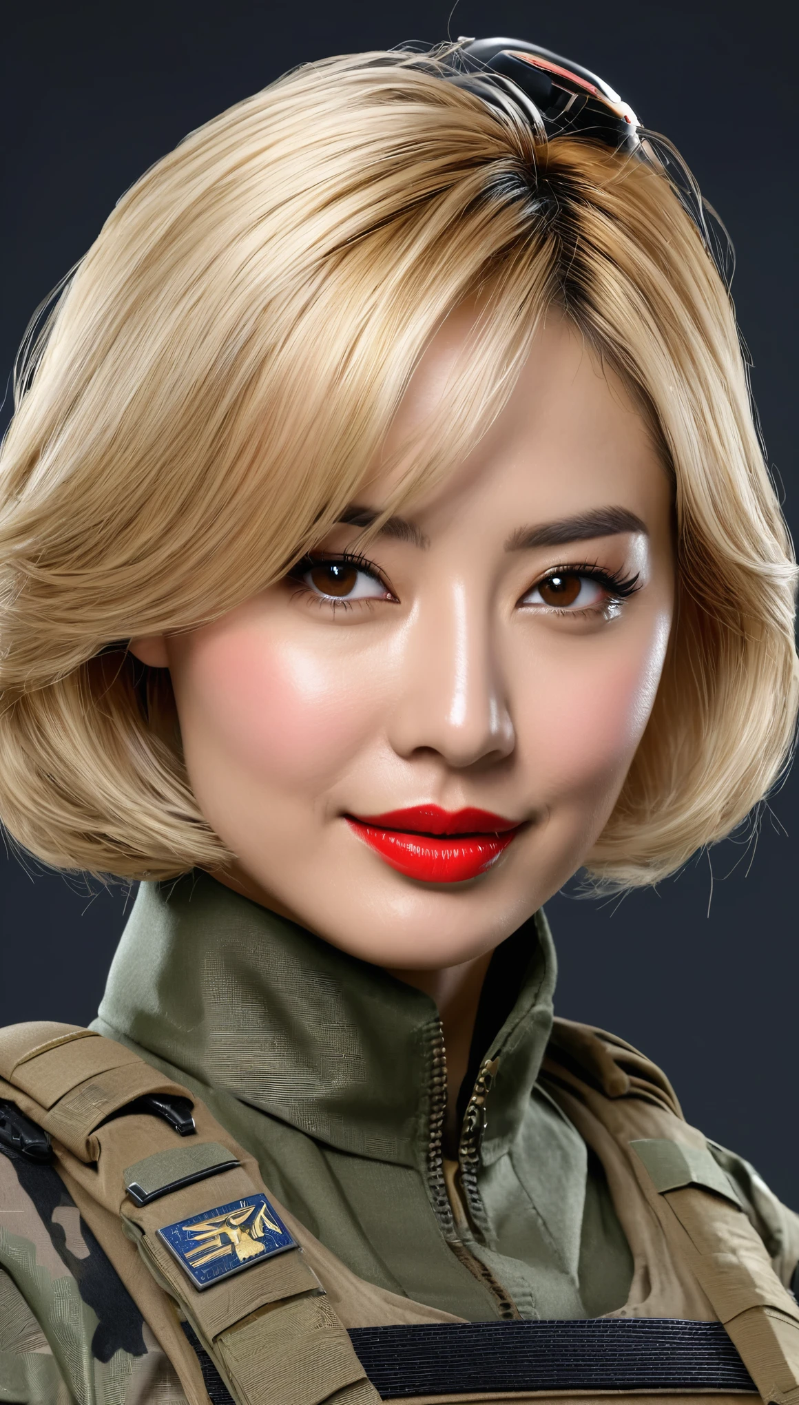 (((Hyper Real)))、(((超未来的な陸軍Female Soldier)))、きれいなFemale Soldier High resolution Realistic (((blonde mature)))、(((Big big boobs)))、Fine skin、超High resolution、Realistic、Plump figure、smile、Beautiful middle-aged woman、Beautiful female army soldier 、Beautiful brown eyes、Fluffy long hair、非常に繊細でFine skin、35Former Army soldier woman、(A very futuristic command center.)、Female Soldier、(((Big big cleavage)))、Bright red lips、(Wearing a combat suit)、