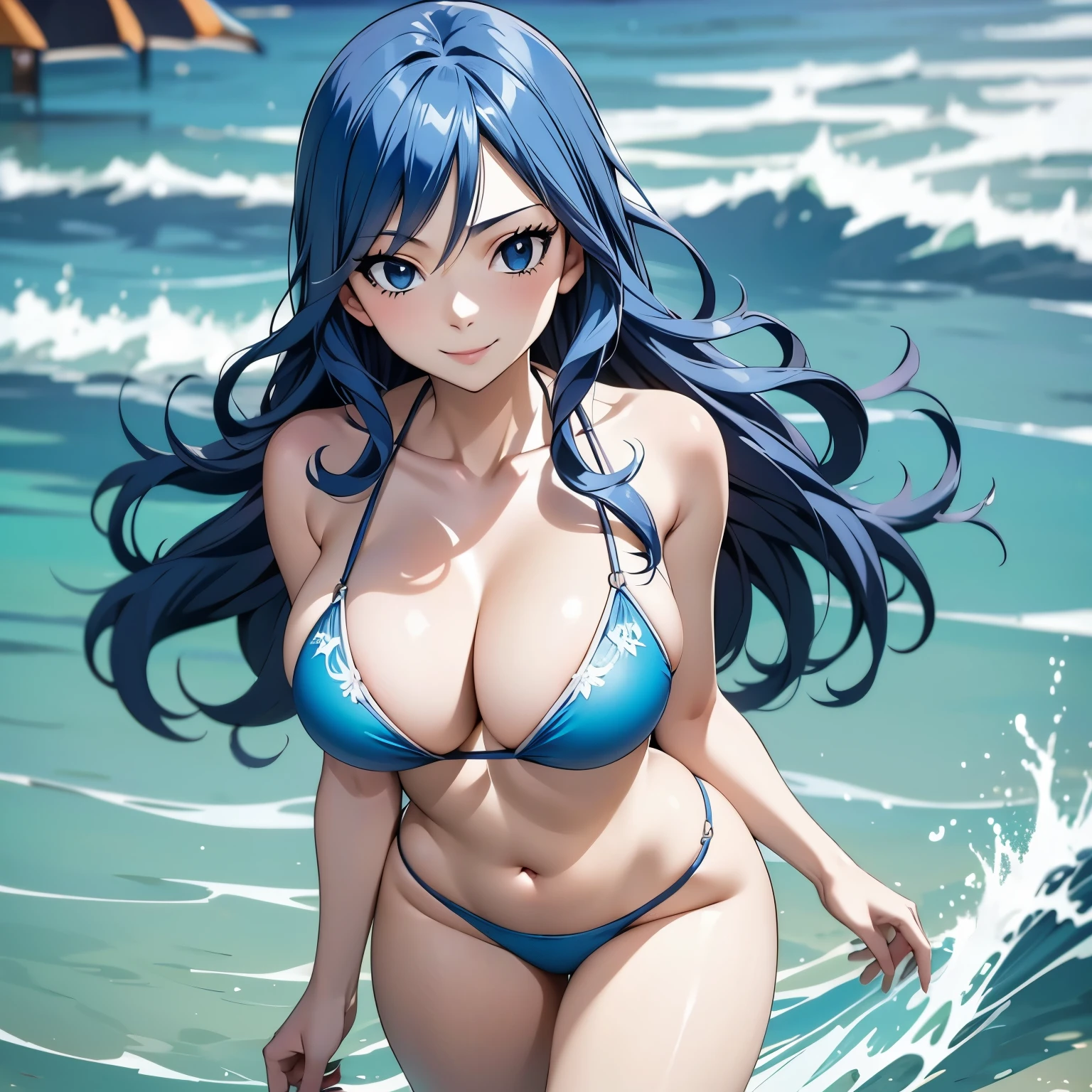 Juvia Lockser, 25 year old woman. wavy blue hair, blue eyes, big breasts, mischievous smile, Bikini , background a tropical beach.