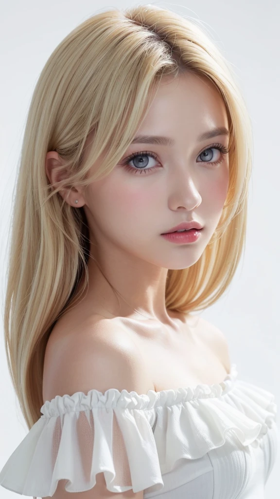 (((forehead、White Blonde Hair、Northern Europe、White people、beautiful girl、Blonde、White background、Frills、race、slit、Off the shoulder、See-through)))、table top, highest quality, figure, super detailed, finely, High resolution, 8k wallpaper, Perfect dynamic composition, detailed and beautiful eyes, Deco out,bionde, medium hair, big breasts, Natural color lip,white background, random cute poses,frill dress