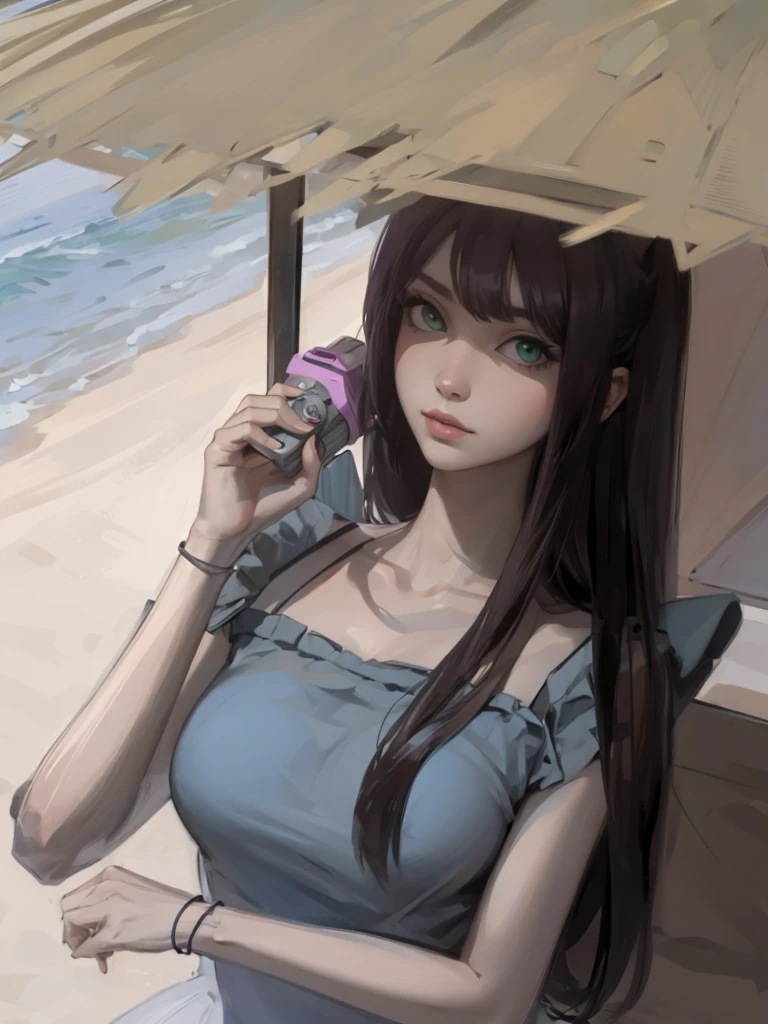 dengan kamera
green eyes, at the beach, taking shade