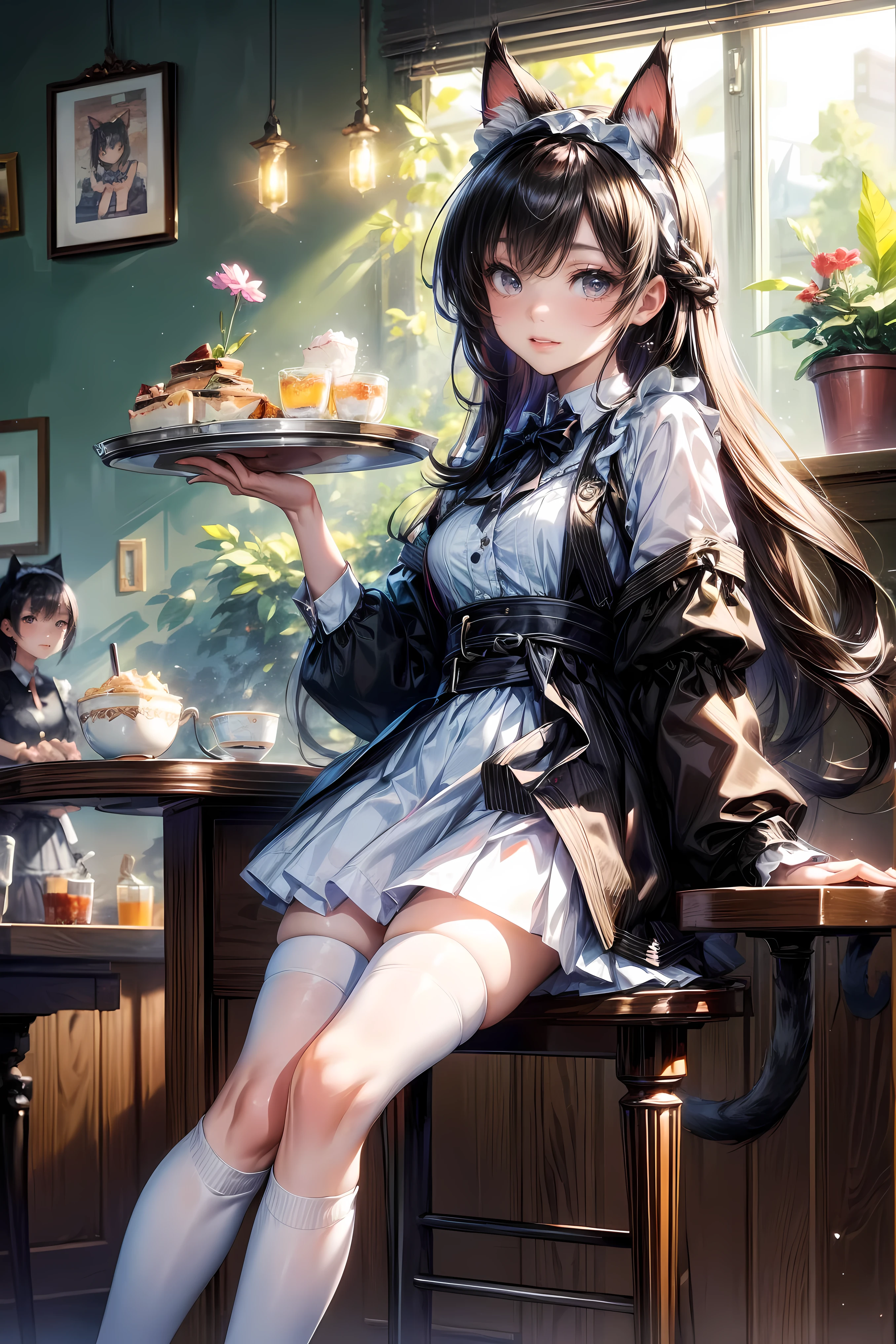 One Girl、(20-year-old woman)、Cat ears headband、Cat tail、Black maid outfit、Holding a tray with two parfaits on it in one hand、With the other hand, lift your skirt to show your underwear、Short skirt、I can see your pants、White knee-high socks、Striped pants、Highest quality、8K、Beautiful Face、Mischievous smile、Wink to the viewer、View Viewer、A bright cafe with a black cat