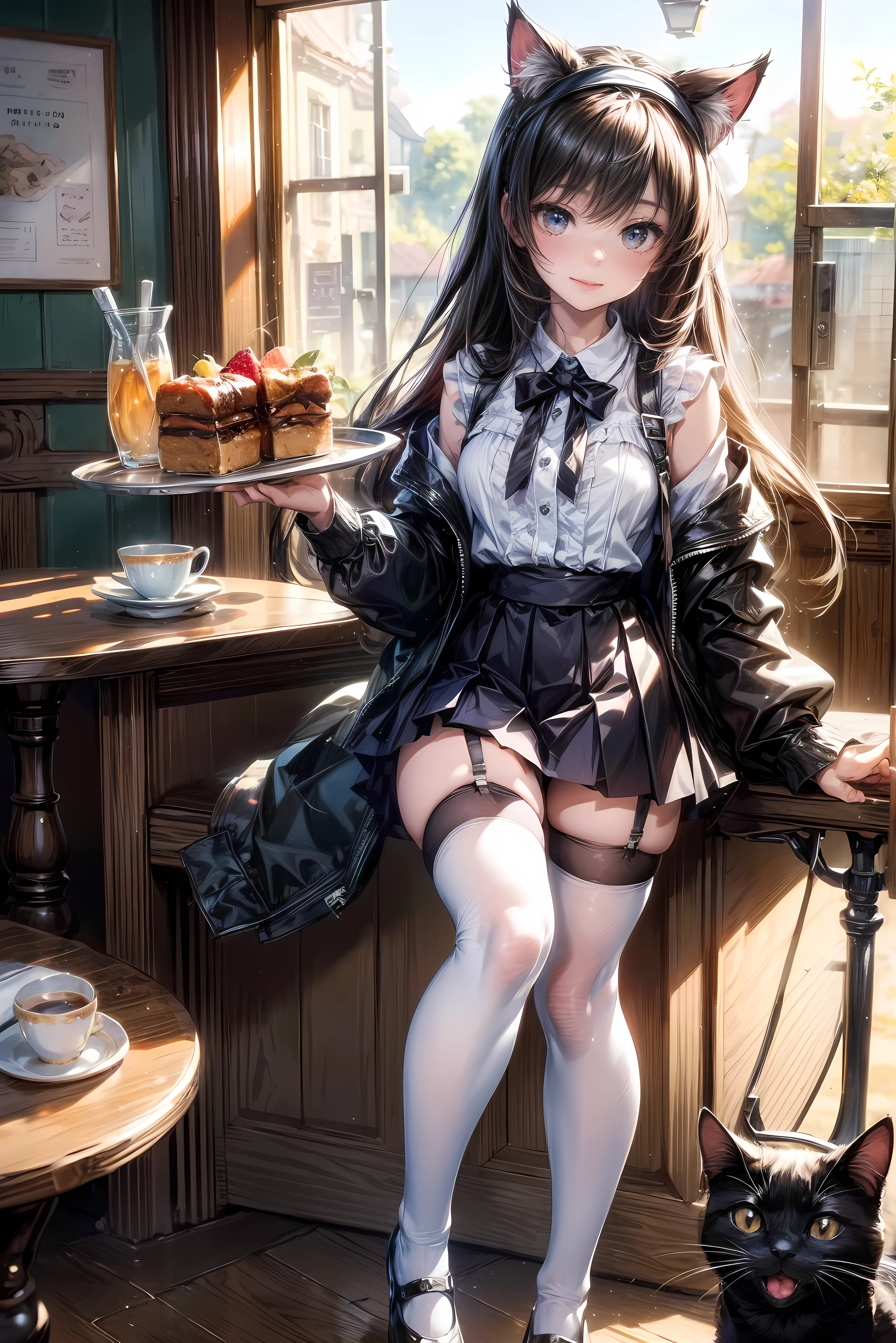 NSFW、One Girl、(20-year-old woman)、Cat ears headband、Cat tail、Black-toned lingerie、Holding a tray with two parfaits on it in one hand、With the other hand, lift your skirt to show your underwear、Short skirt、I can see your pants、White knee-high socks、Striped pants、Highest quality、8K、Beautiful Face、Mischievous smile、Wink to the viewer、View Viewer、A bright cafe with a black cat