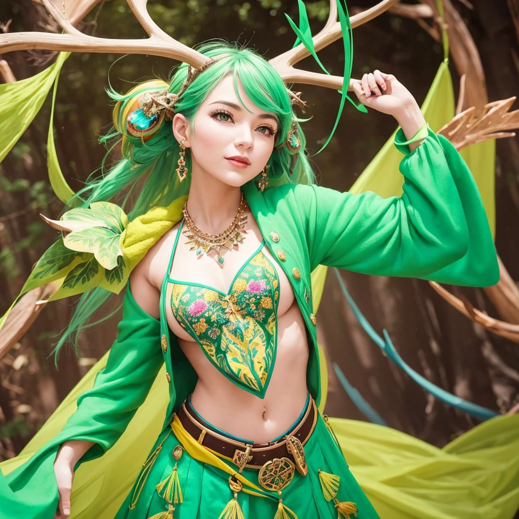 Create an image of a vibrant and creative woman representing an MBTI campaigner (ENFP) type. She is wearing a lively green outfit that highlights her enthusiasm and individuality. She has elegant deer antlers growing from her head, adding a unique and whimsical touch to her appearance. The background should be a colorful and imaginative setting that reflects her love for new experiences and her spontaneous nature.