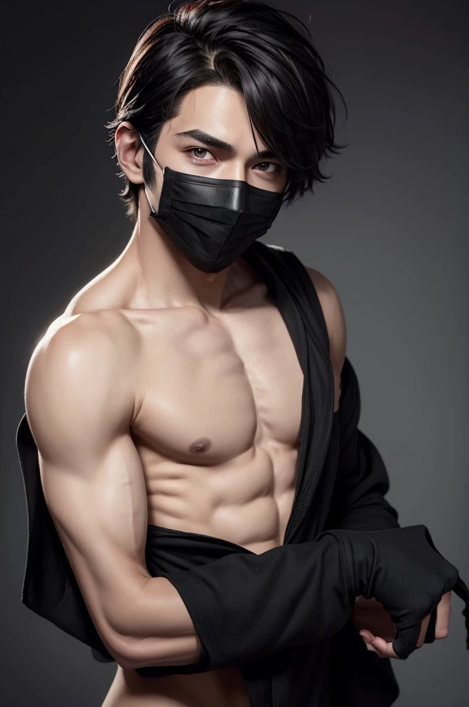 Male character with a black mask and no shirt and his face painted white and around the eye is red and green.