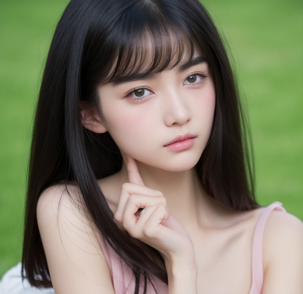 Pale teenage girl with black hair and bangs above her eyebrows, with small pink lips and a potato nose and light green eyes, giving a close-up
