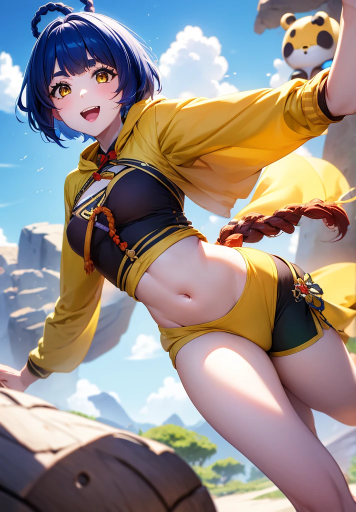Masterpiece, Best Quality, 1 girl, Xiangling (genshin impact), selfie, SMILE, hair ornament, IN, looking at the viewer, yellow eyes, short hair, :d, fringe, hair pin, Open mouth, long sleeves, thick eyebrows, Hoodie, >_<, blue hair, puesta de sun, Casual, blurred, Arm raised, fringe romo, Upper part of the body, suno, disfraz alternatiINo, sun, reaching the viewer, Xd, sweater, outdoor, braid, panda, mountain, depth of field, sky