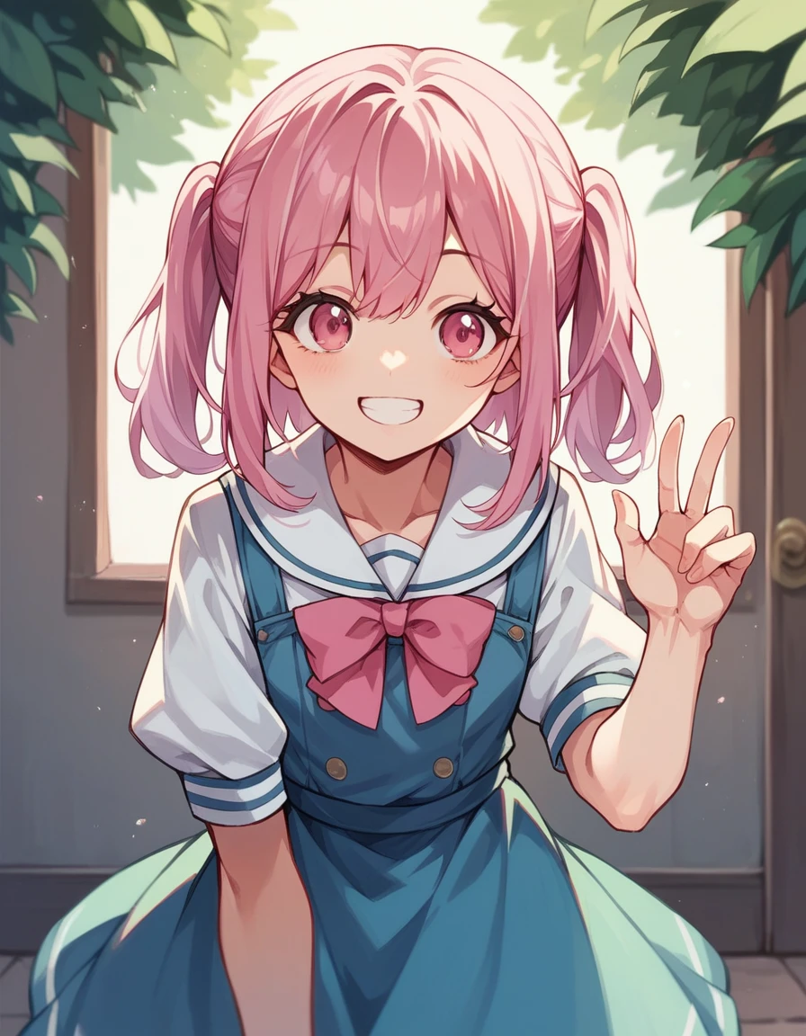 Highest quality、Super detailed、Pink hair and pink eyes、1 smiling cute anime girl、Wearing a nice school dress