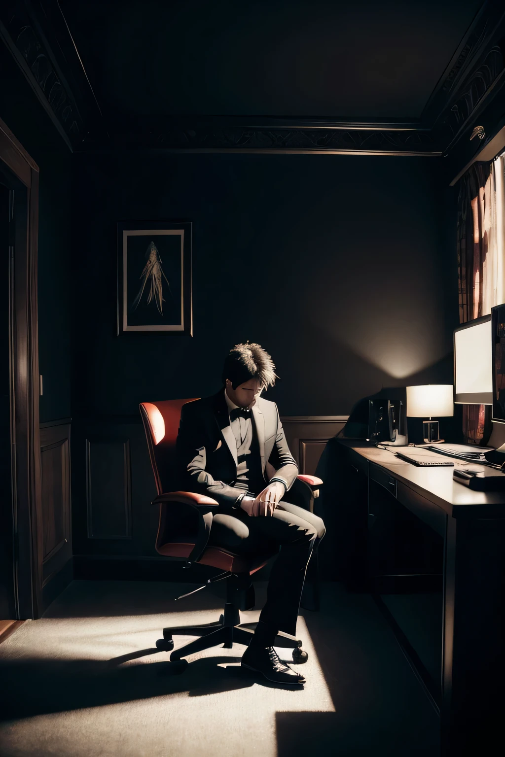 a man sitting in front of a monitor, gamer room, long room, raven theme, highly detailed, cinematic lighting, dramatic shadows, moody atmosphere, hyper realistic, volumetric lighting, deep blacks, glowing red eyes, raven feathers, dark fantasy, gothic decor, ominous presence, intricate details, realistic textures, HDR, 8K