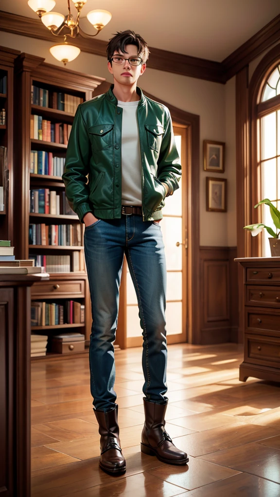 Inside the quaint bookstore, the warm light from the chandeliers illuminates rows of books. Sarah, in her green jacket over a white shirt and blue jeans, sees Mark, the kind-hearted man from the ID, arranging books on a shelf. He's wearing a brown leather jacket and black boots. (best quality, 4k, 8k, highres, masterpiece:1.2), ultra-detailed, (realistic, photorealistic, photo-realistic:1.37), indoor, soft lighting, lively atmosphere).