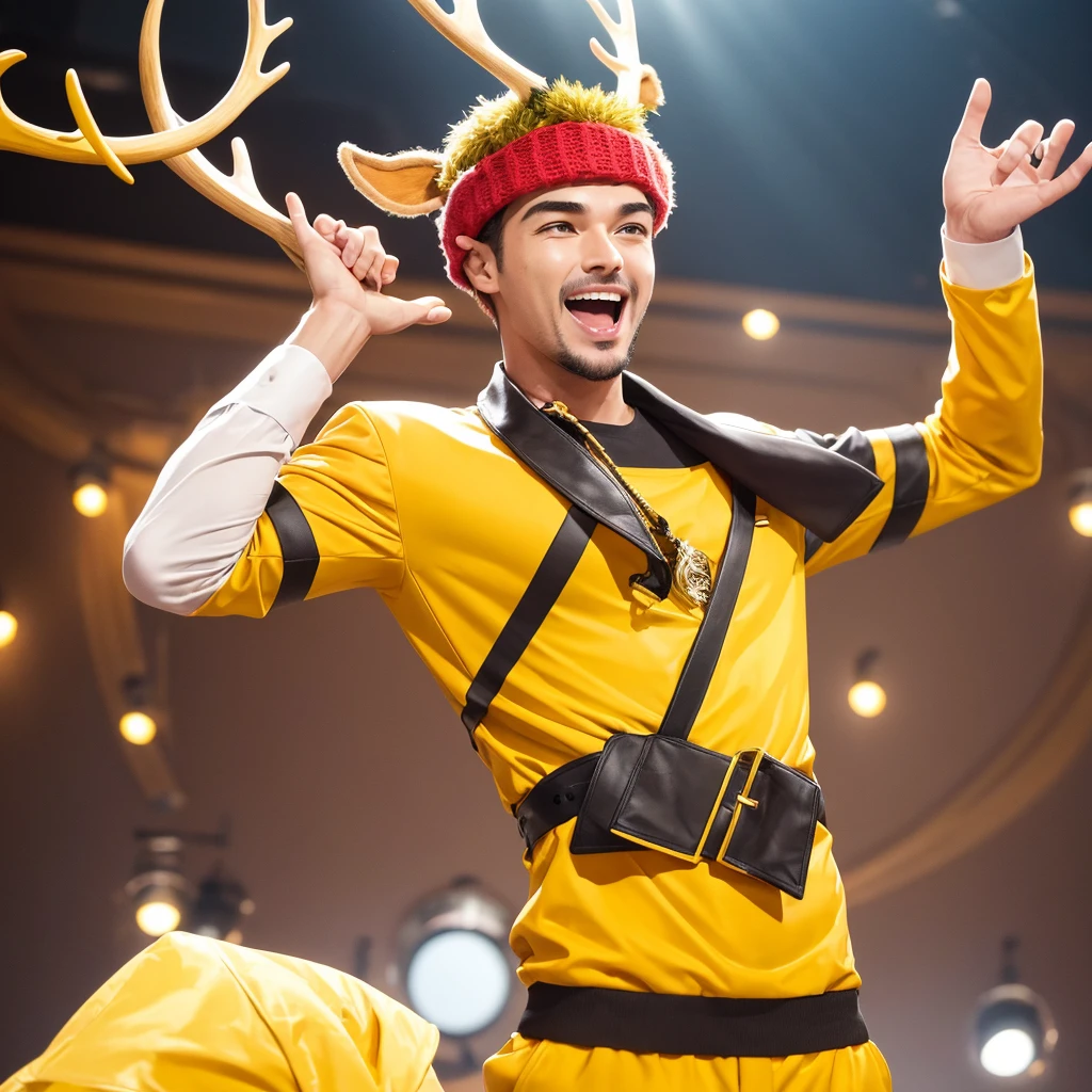 Create an image of a lively and charismatic man representing an MBTI entertainer (ESFP) type. He is wearing a bright yellow outfit that showcases his sociable and energetic nature. He has playful deer antlers growing from his head, adding a whimsical and entertaining touch to his appearance. The background should be a vibrant and festive setting that reflects his love for excitement and being the center of attention.