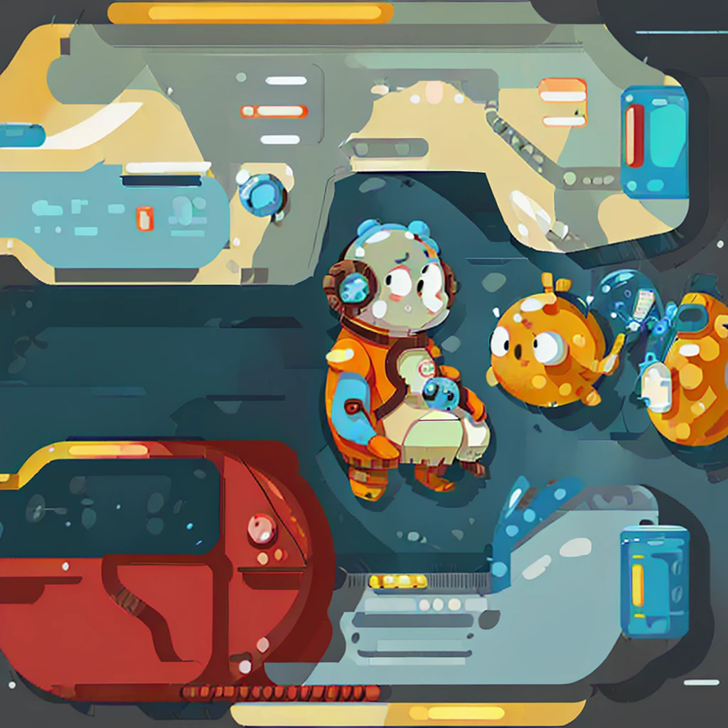 Space suit，Cartoon，Space car side，Cartoon, Heavy Line Drawing,Vehicles with steering wheels, Fusion Mecha Parts, highly detailed panel cuts,线条分割成Different colored tiles，Different colored tiles，Color blocks，Gorgeous，Bright，Compared，High purity pictures，Tianhe-2 Car，Mechanical car frame，There is a mechanical gripper in front of the car，Space suit，astronaut，Oxygen backpack，Oxygen tubes，Space suit pressure tube，finger，Cockpit，nuclear powerBattery模块，Battery，nuclear power，Reference black wireframe